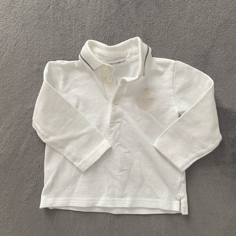 Authentic Dolce and Gabbana Kids baby white polo shirt, long sleeve.